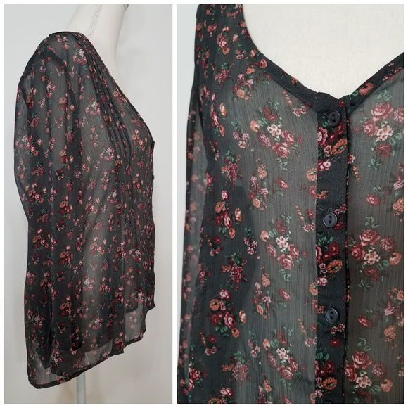 Kirra (PacSun) Floral Hi-Lo Sheer Gray pink Blouse shirt long sleeve top Medium - Picture 6 of 8